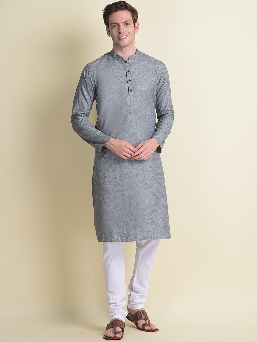 

NAMASKAR Men Grey Pure Cotton Kurta With Churidar