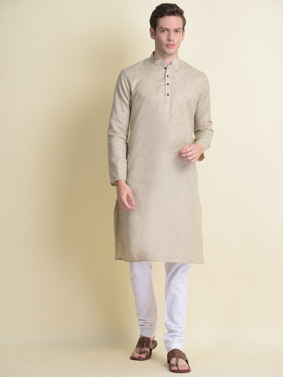 

NAMASKAR Men Cream-Coloured Linen Kurta with Churidar