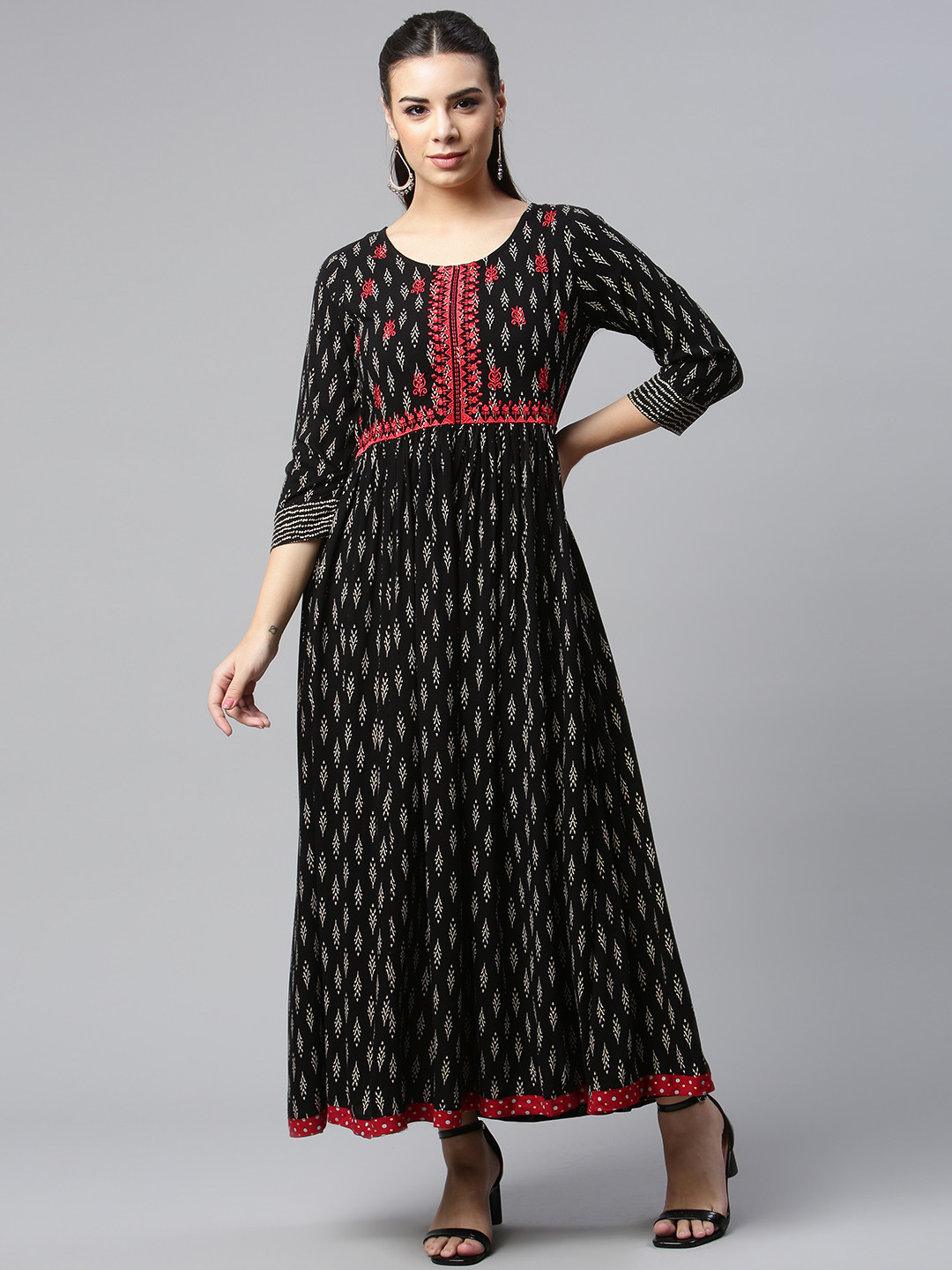 

HERE&NOW Women Black Embroidered Fit & Flared Maxi Ethnic Dresses