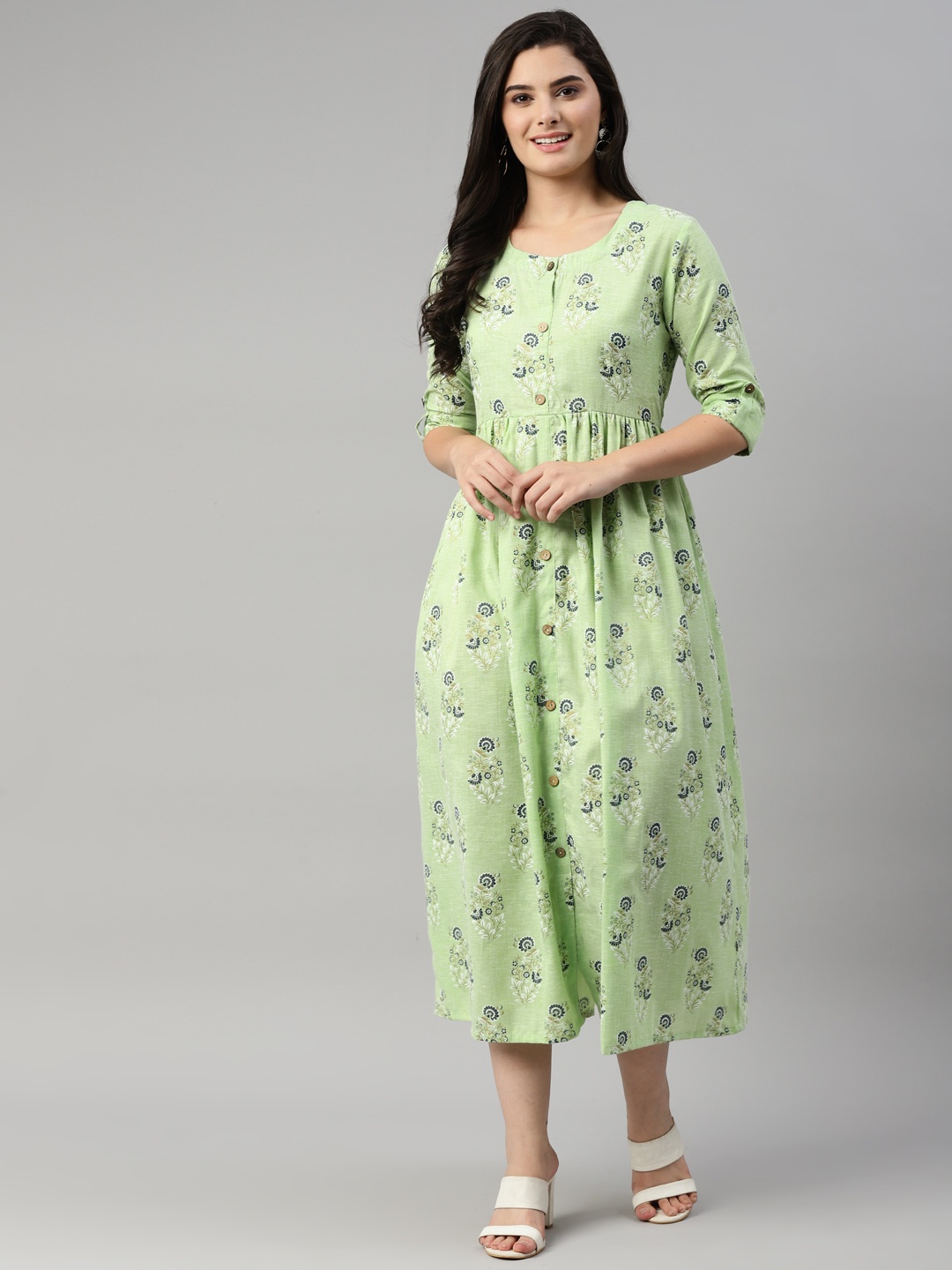 

HERE&NOW Women Green & White Printed Cotton Ethnic Dresses