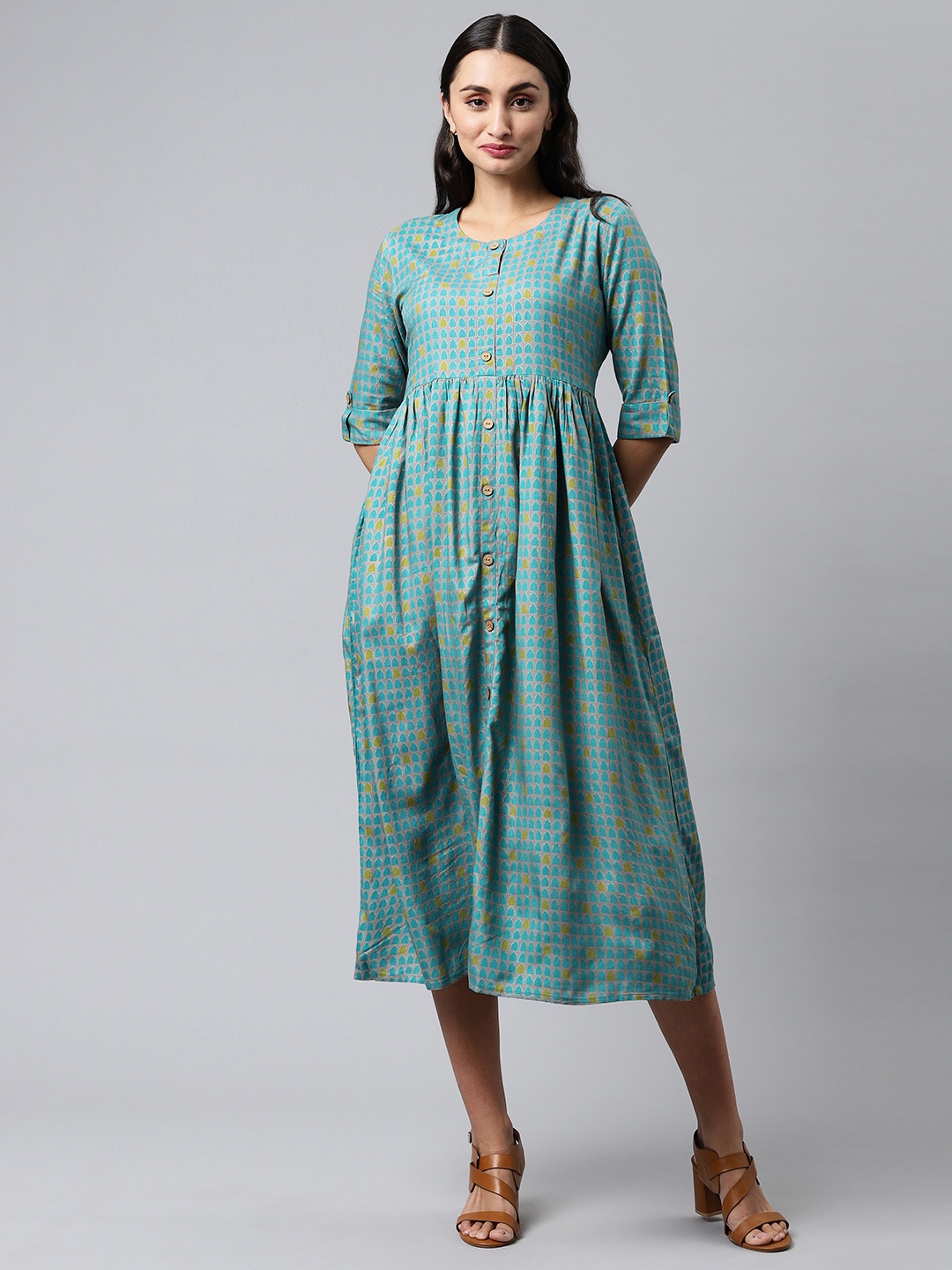 

HERE&NOW Women Green Printed Fit & Flared Ethnic Dresses