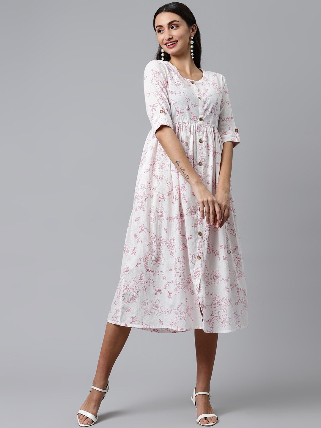 

HERE&NOW Women White Printed Cotton Fit & Flared Ethnic Dresses