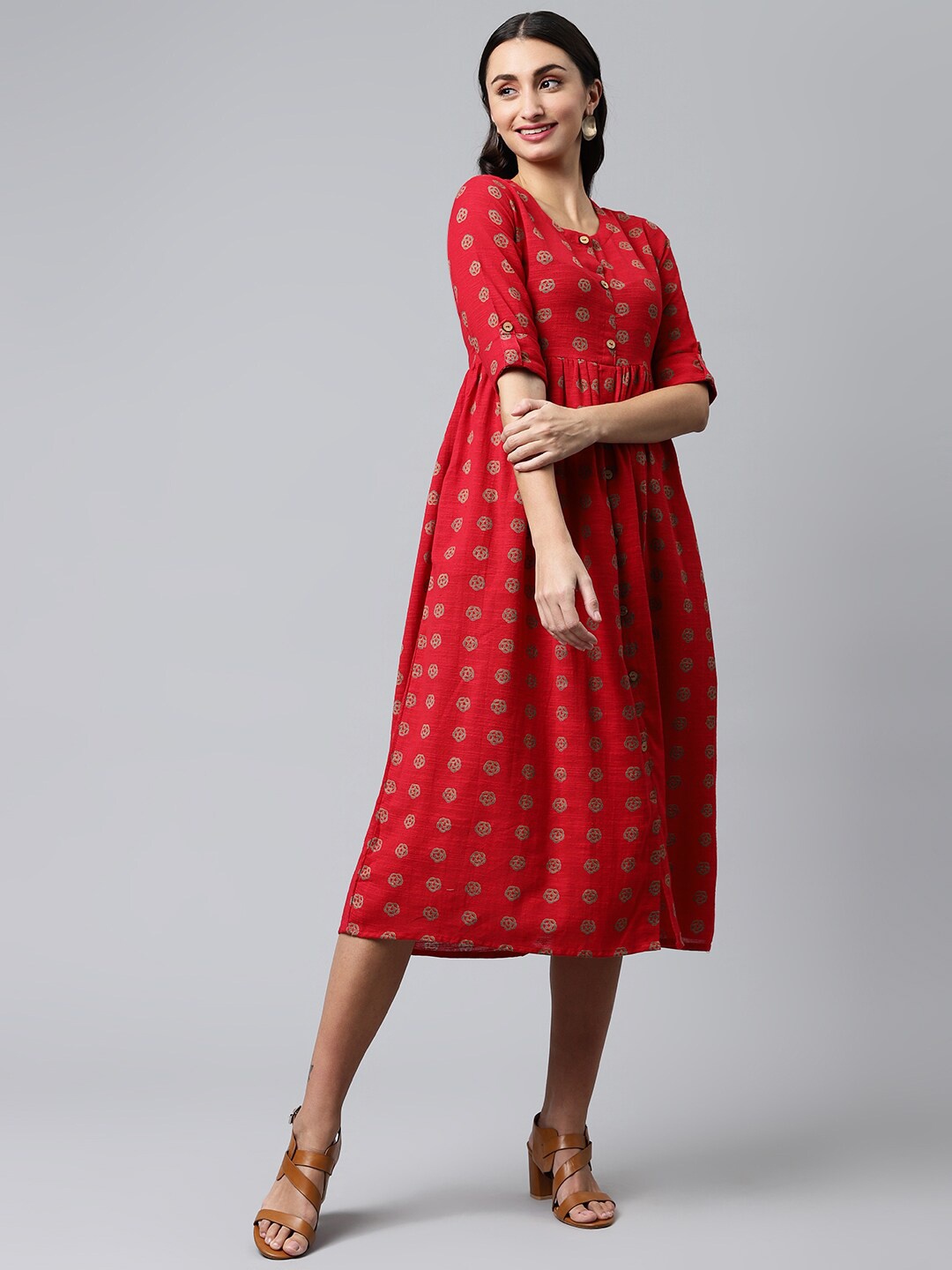

HERE&NOW Women Red Cotton Printed Fit & Flared Ethnic Dresses