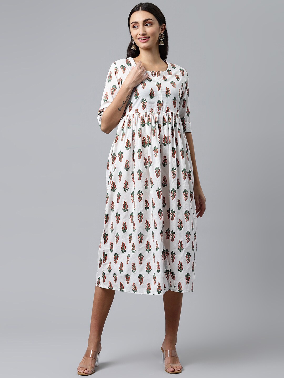 

HERE&NOW Women White Printed Cotton Fit & Flared Ethnic Dresses
