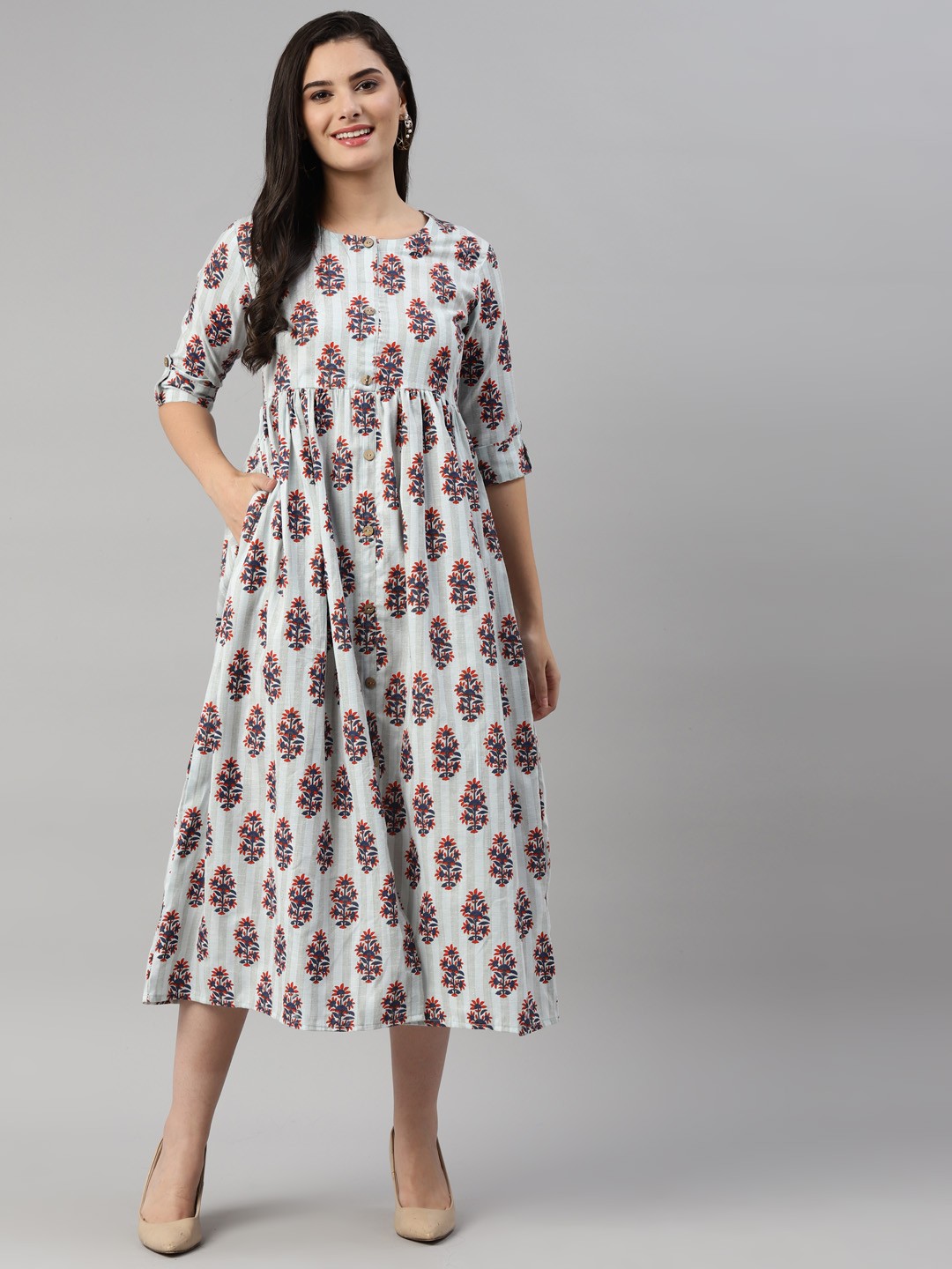 

HERE&NOW Women Grey & Blue Cotton Printed Cotton Ethnic Dresses