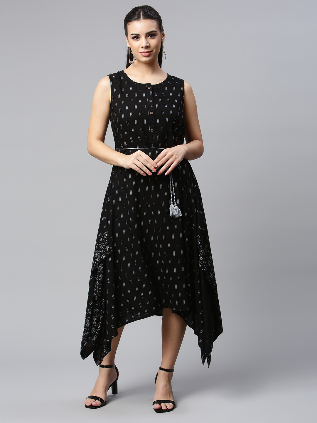 

HERE&NOW Women Black & White Printed Midi Ethnic Dresses