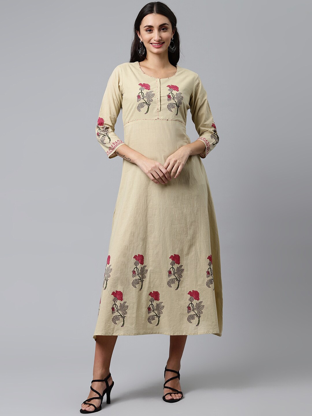 

HERE&NOW Women Beige Printed Cotton A-Line Ethnic Dresses