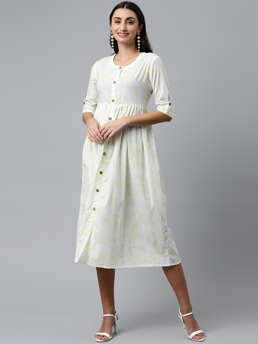 

HERE&NOW Women White Printed Cotton Fit & Flared Ethnic Dresses