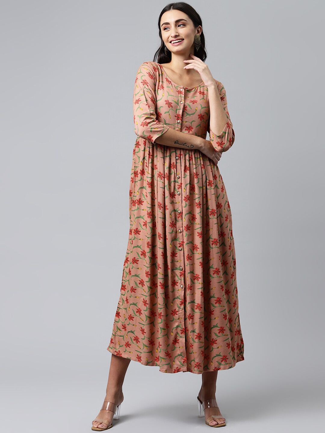 

HERE&NOW Women Peach-Coloured & Green Printed Midi Ethnic Dresses