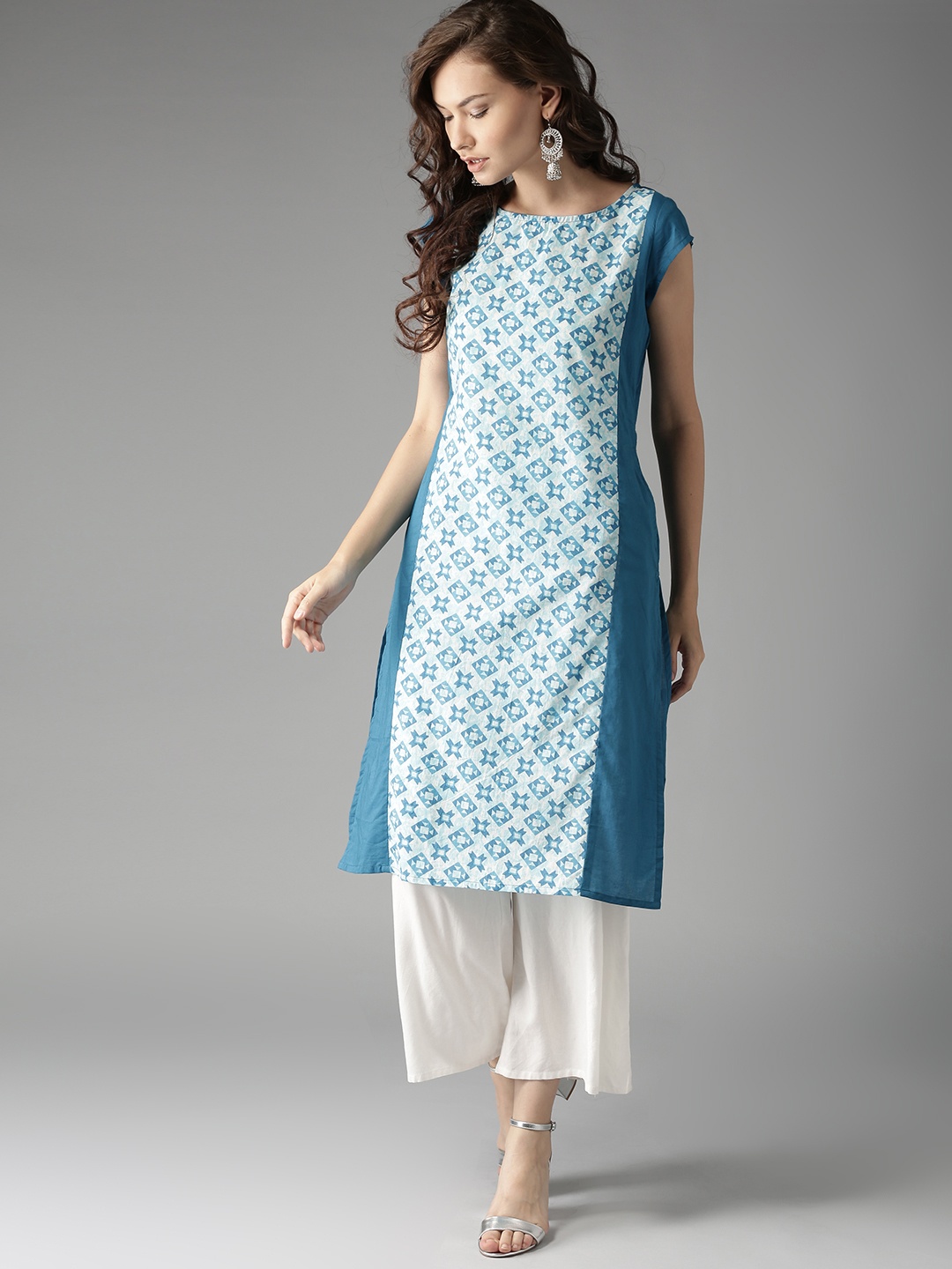HERE&NOW Women Blue & Off-White Printed Straight Kurta
