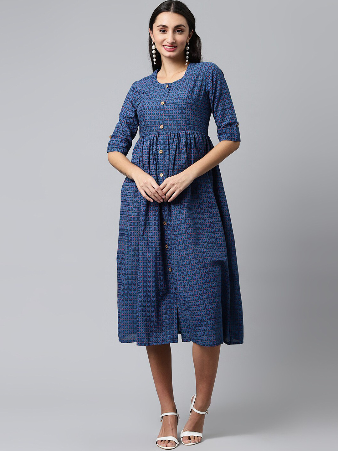 

HERE&NOW Women Navy Blue & Red Cotton Printed Knee-Length Cotton Ethnic Dresses