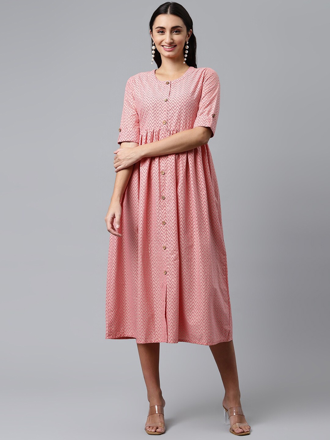 

HERE&NOW Women Pink & Red Printed Knee-Length Cotton Ethnic Dresses