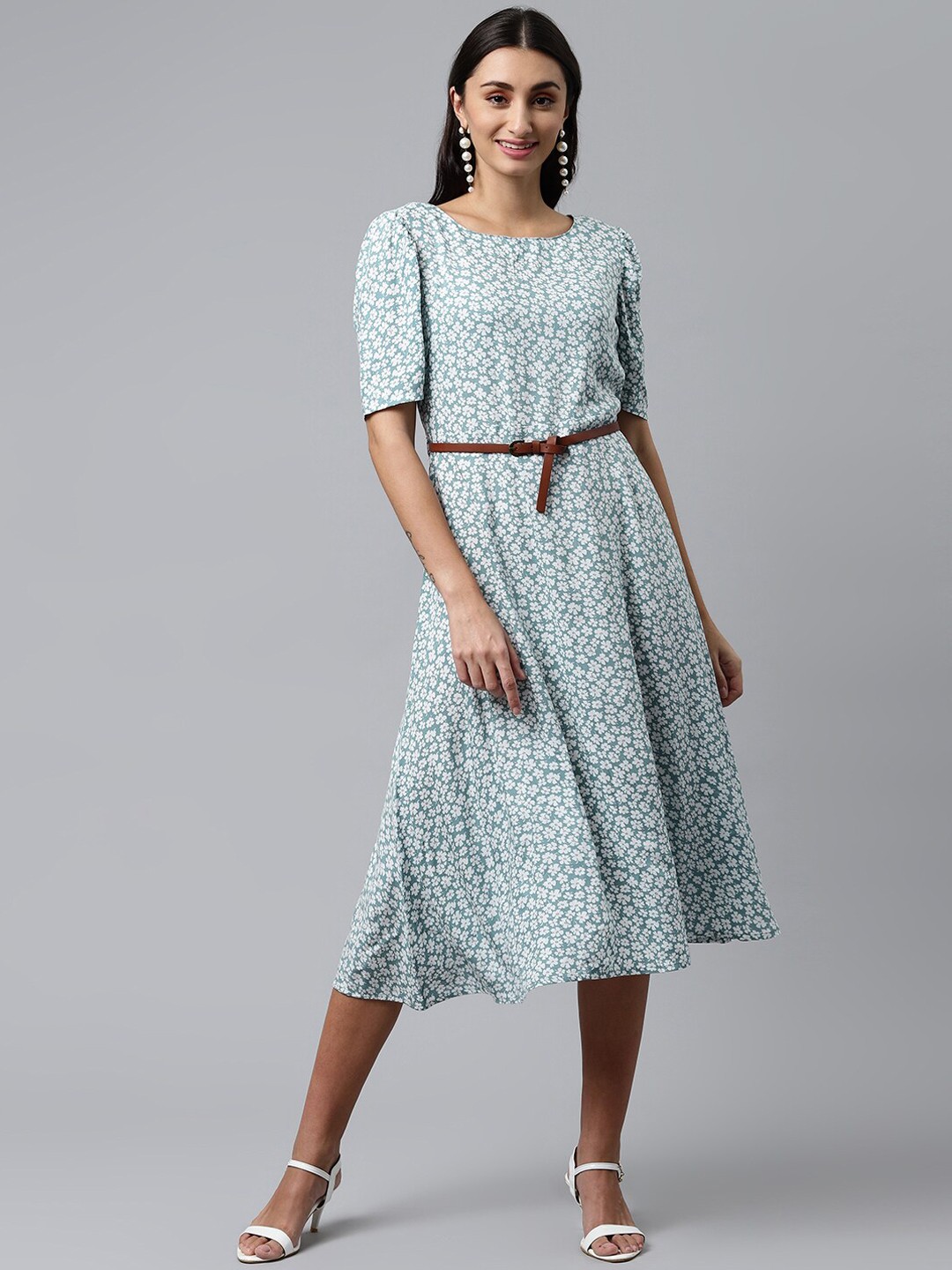 

HERE&NOW Women Sea Green & White Printed Knee-Length Ethnic Dresses