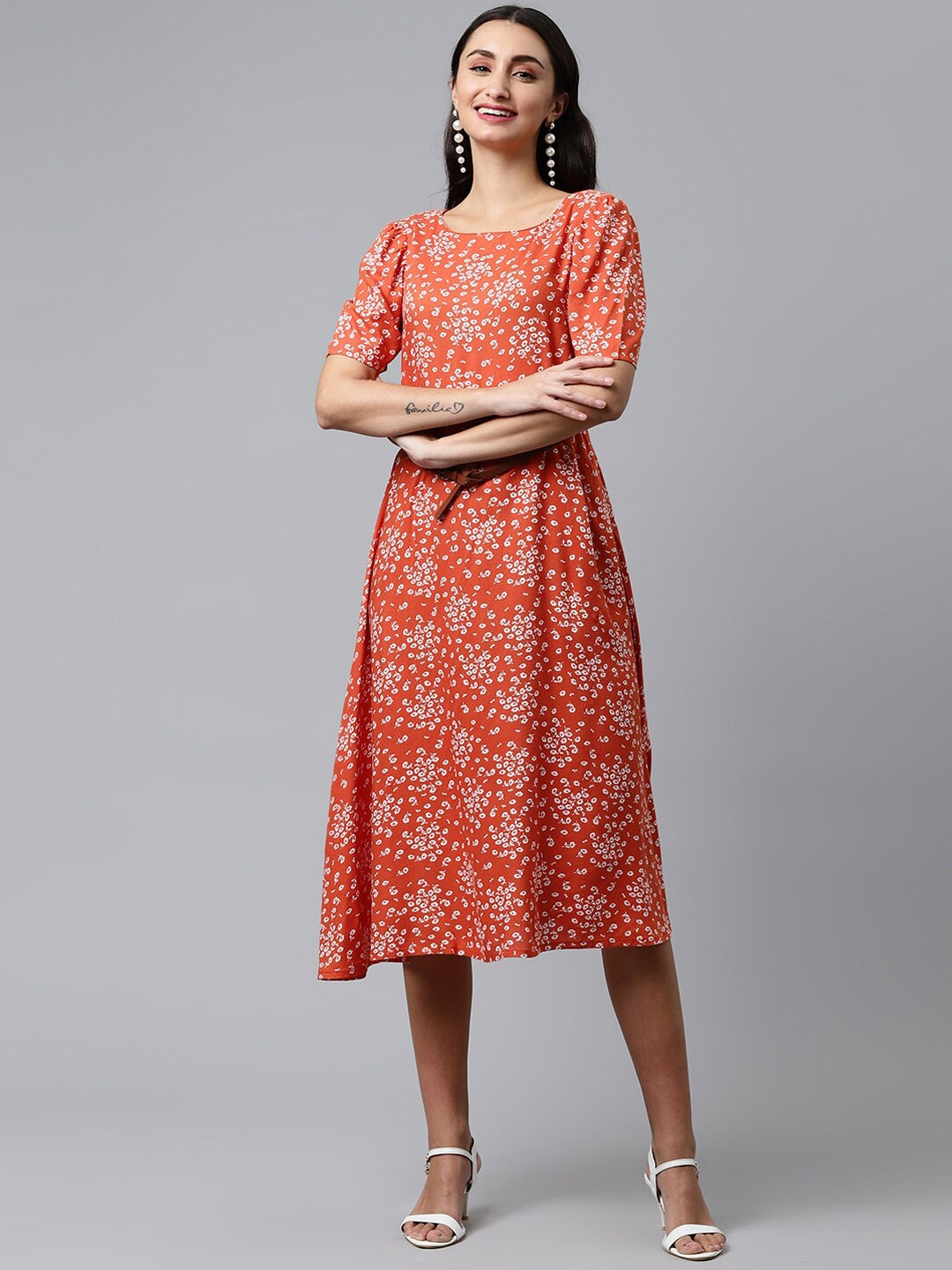 

HERE&NOW Women Red & White Printed Knee-Length Ethnic Dresses