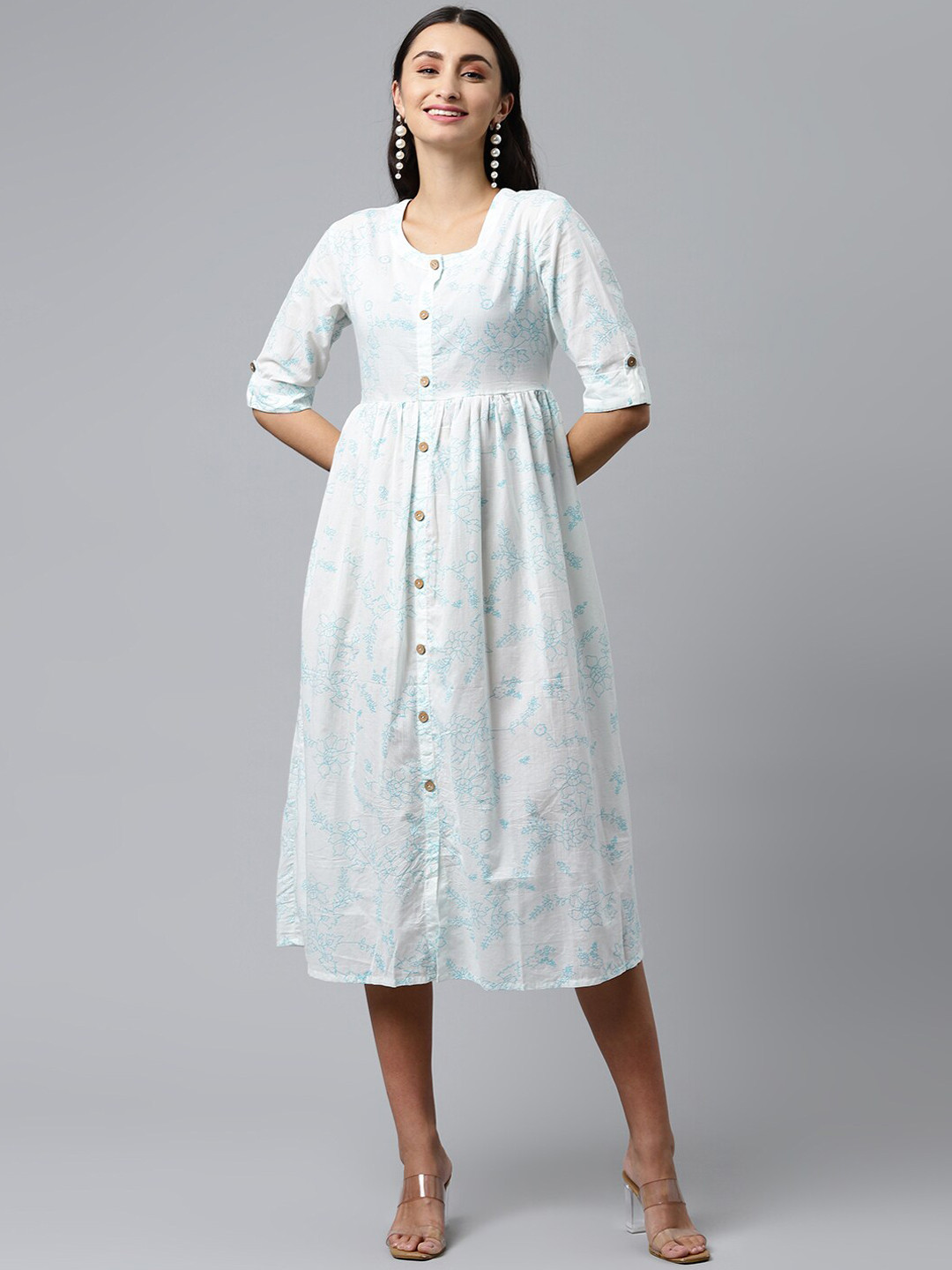

HERE&NOW Women White & Blue Printed Knee-Length Cotton Ethnic Dresses