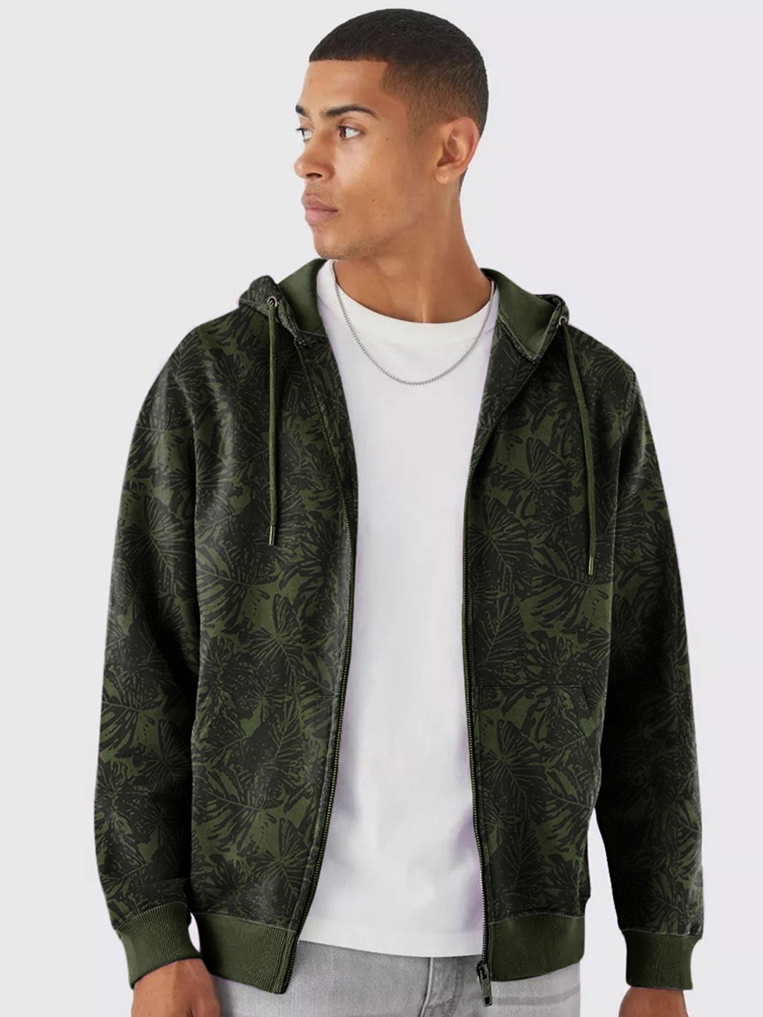 

Urbano Fashion Men Tropical Print Hooded Knitted Front-Open Sweatshirt, Olive