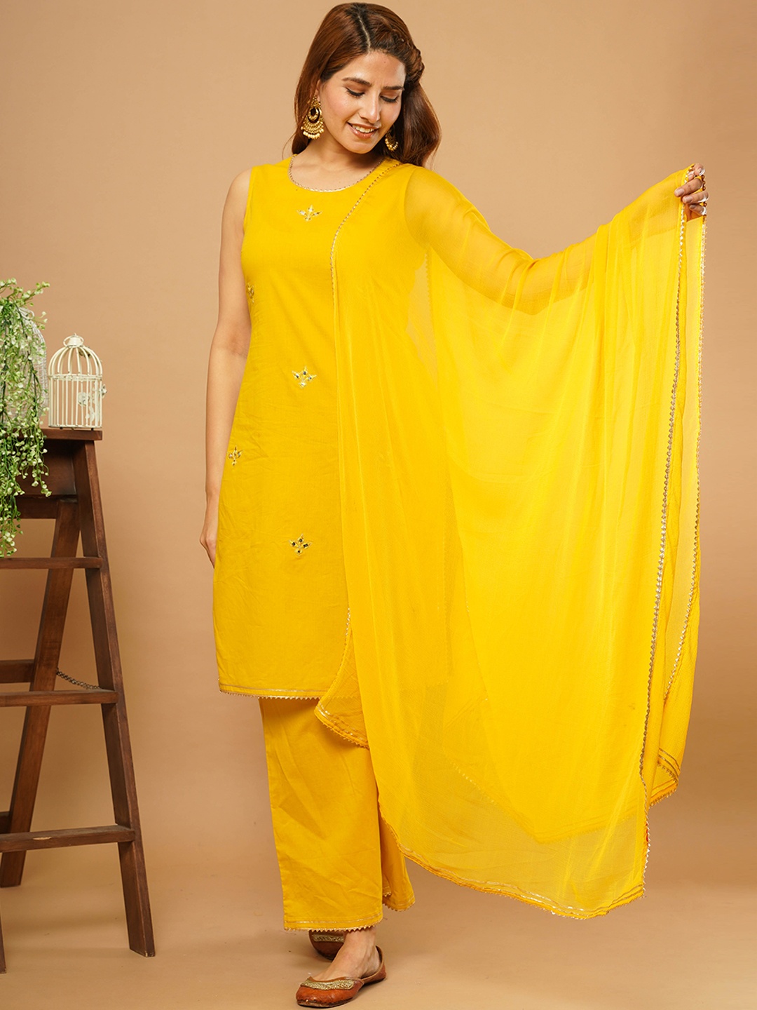 

CRAFTED FOR YOU Women Mustard Yellow Pure Cotton Kurta with Trousers & With Dupatta