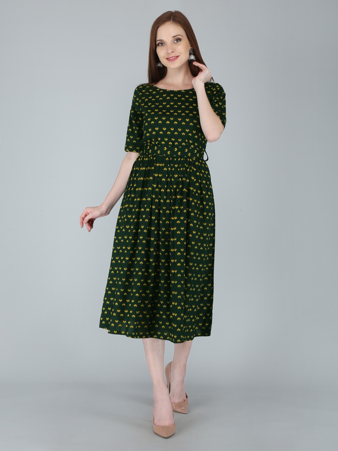 

OMASK Women Green & Yellow Floral Midi Dress