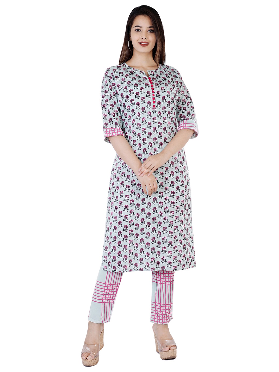 

OMASK Women White Floral Printed Kurta with Trousers