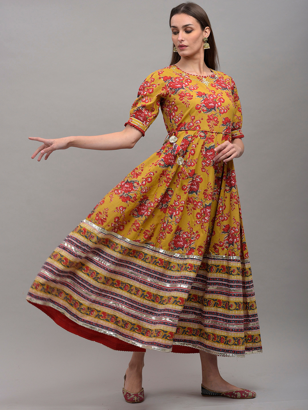 

OMASK Floral Printed Anarkali Regular Fit Pure Cotton Kurta, Mustard