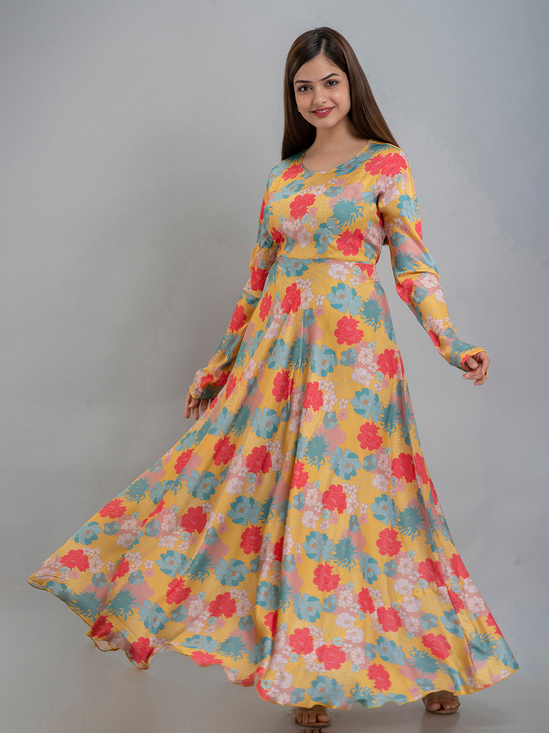 

OMASK Women Yellow & Red Floral Satin Maxi Maxi Dress