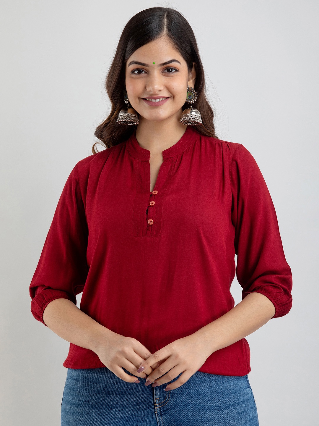 

OMASK Women Maroon Mandarin Collar Top