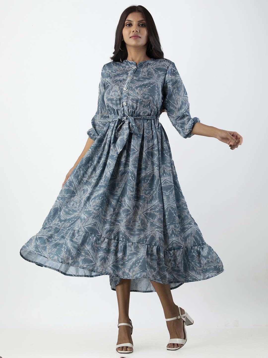 

OMASK Women Blue Floral Satin Midi Dress