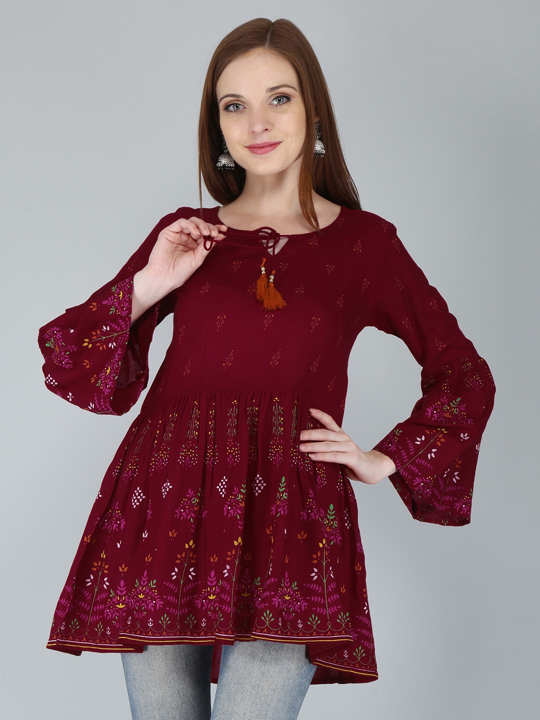 

OMASK Women Red Floral Print Peplum Top
