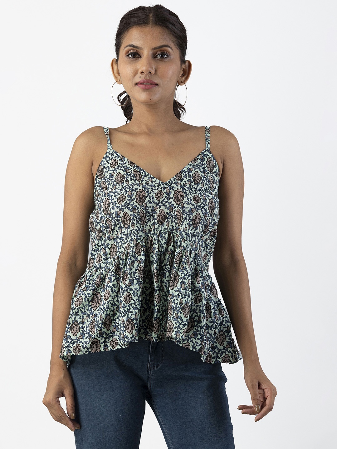 

OMASK Women Green Floral Print Peplum Top