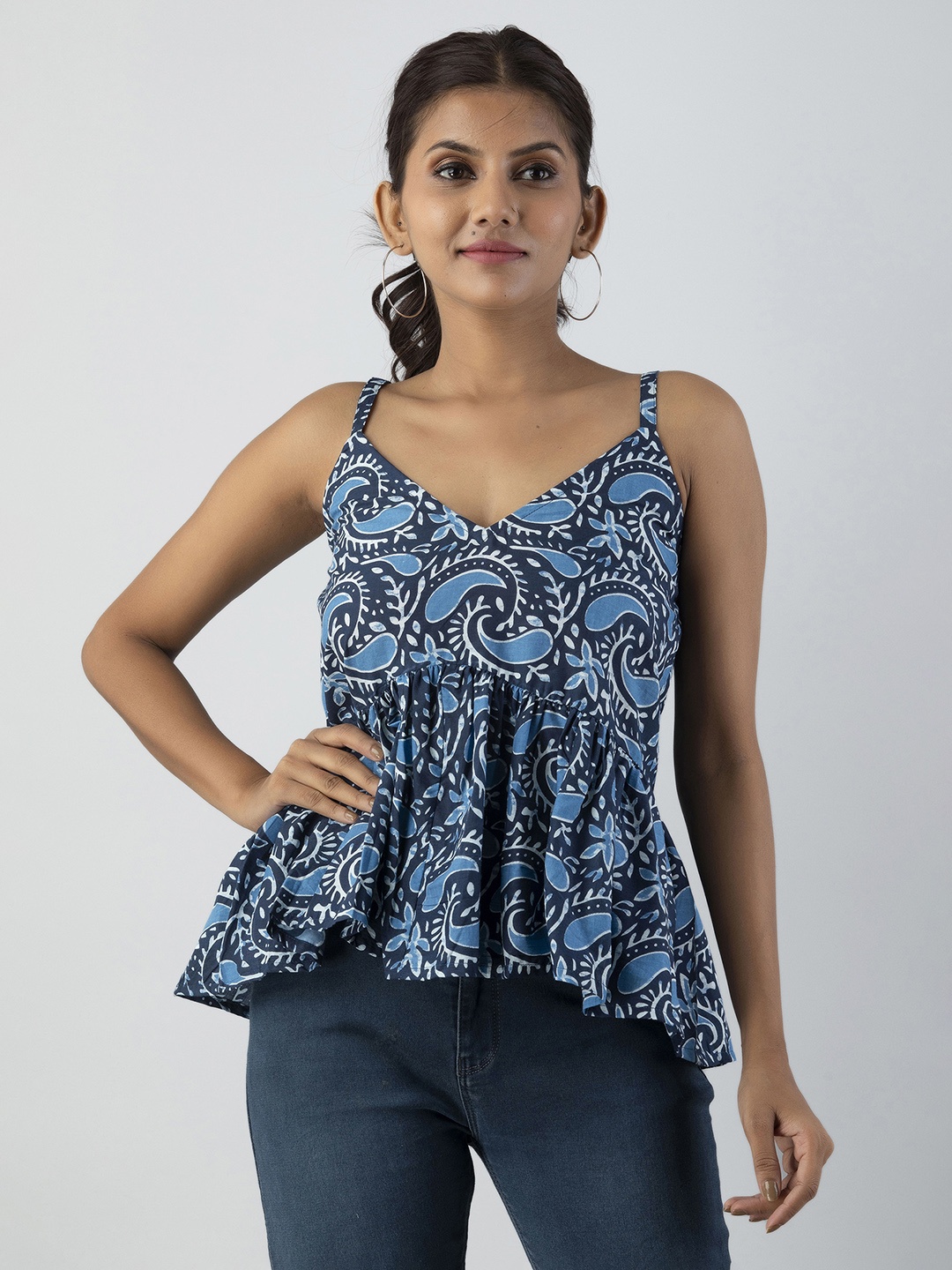 

OMASK Women Blue Floral Print Cotton Peplum Top