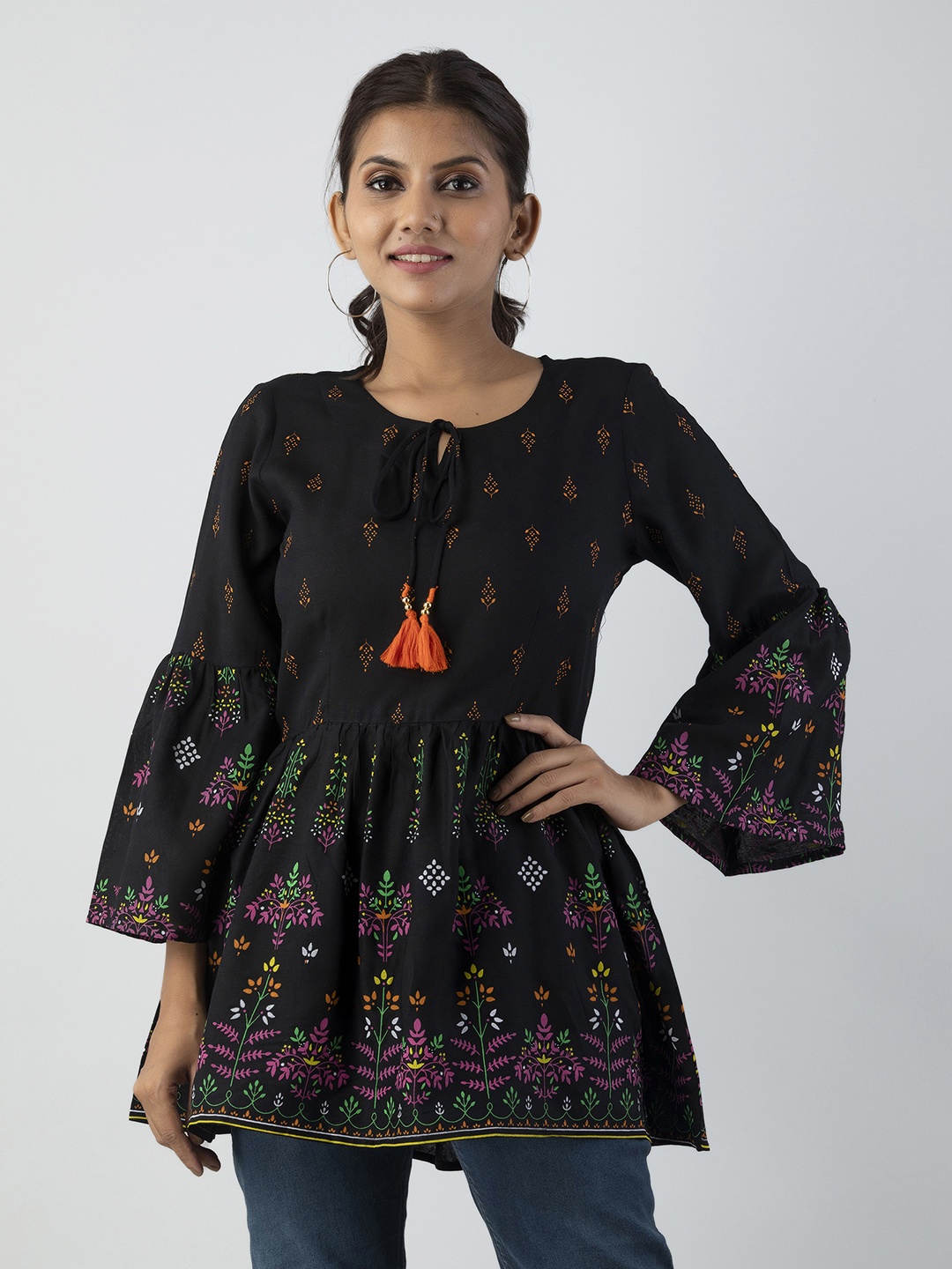 

OMASK Women Black Floral Print Indigo Peplum Top