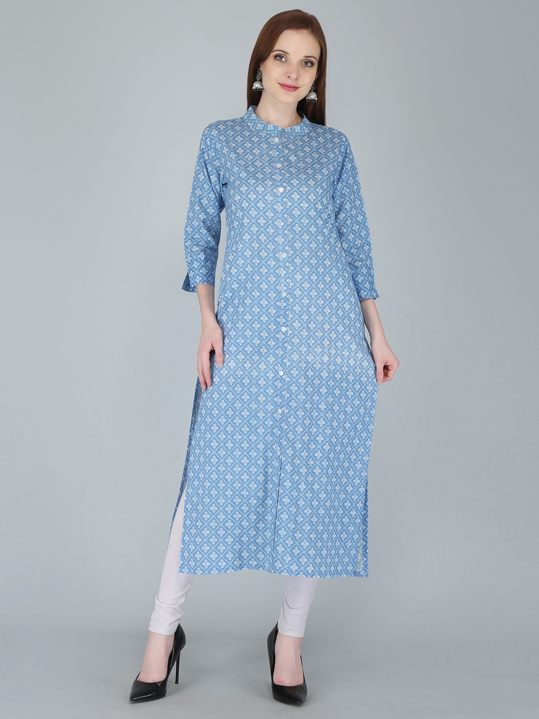 

OMASK Mandarin Collar Ethnic Motifs Printed Cotton Kurta, Blue