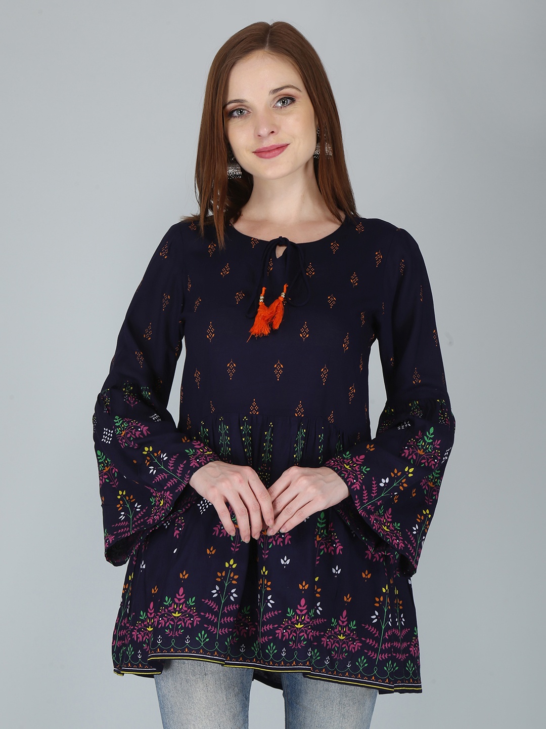 

OMASK Women Blue Floral Print Peplum Longline Top