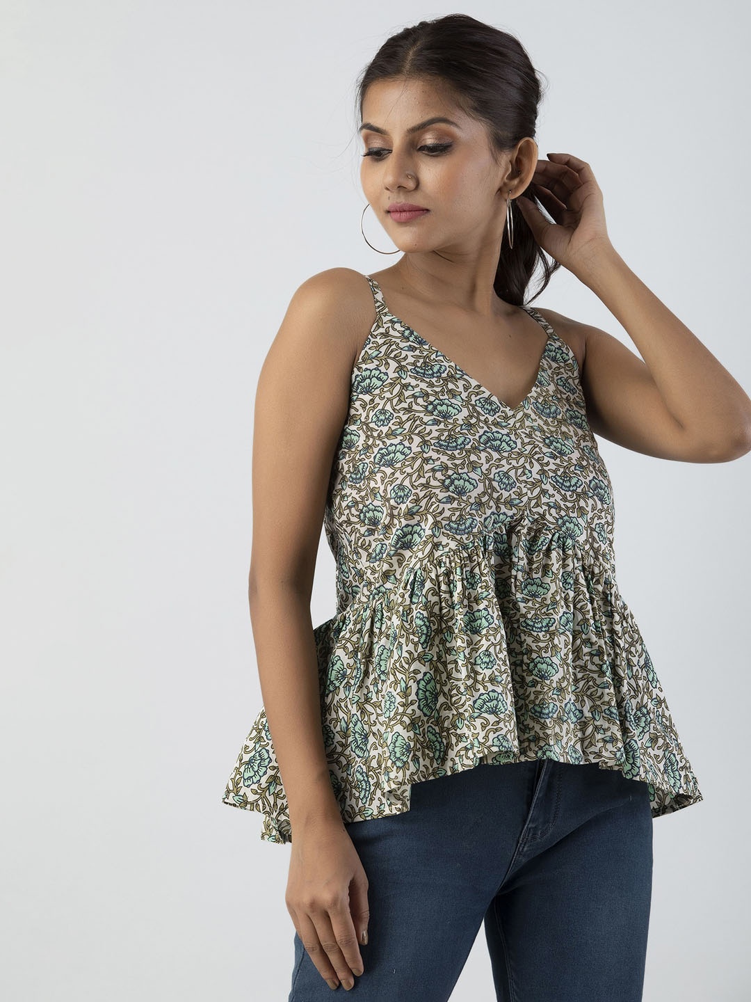 

OMASK Women Green Floral Print Cotton Peplum Top
