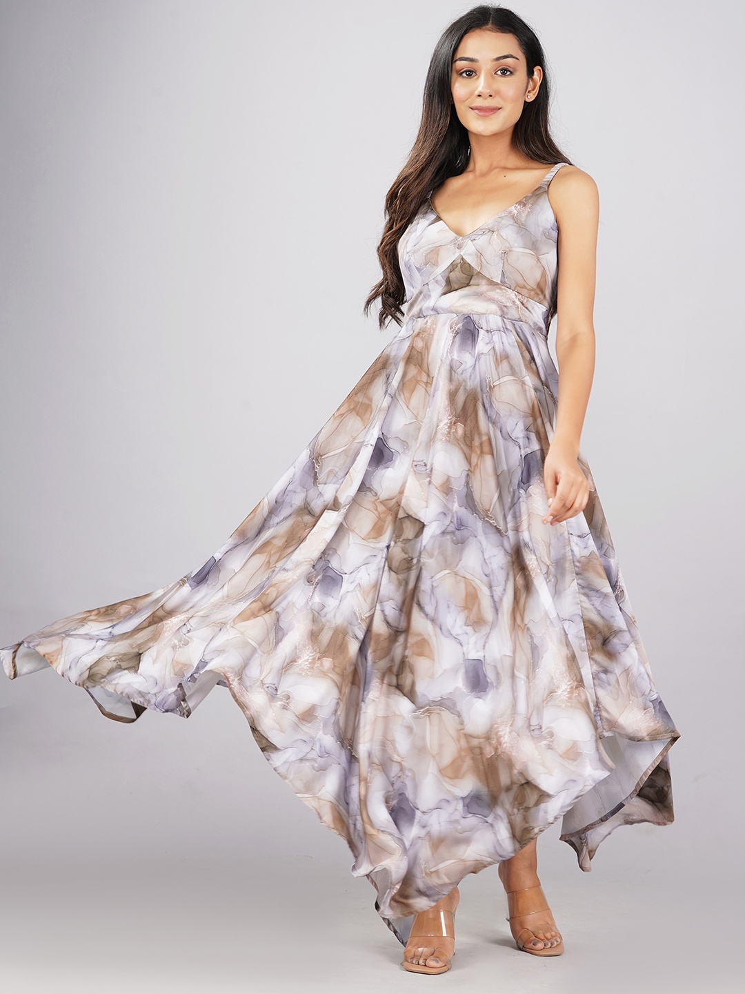 

OMASK Women Grey Printed Satin Asymmetric Maxi Dress