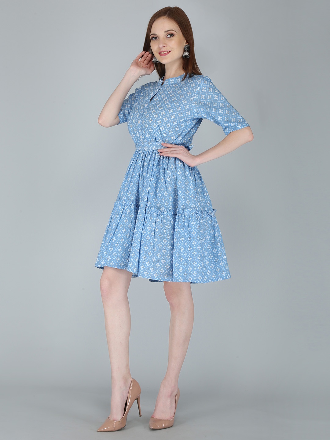 

OMASK Women Blue Printed Fit And Flare Cotton Dress