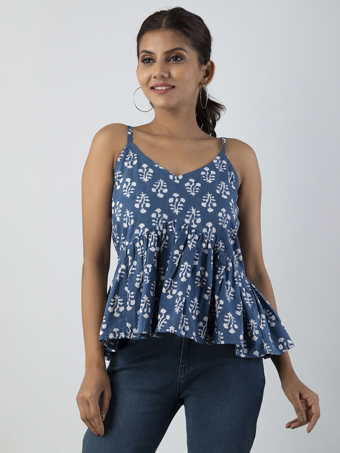 

OMASK Women Blue Floral Print Cotton Peplum Top