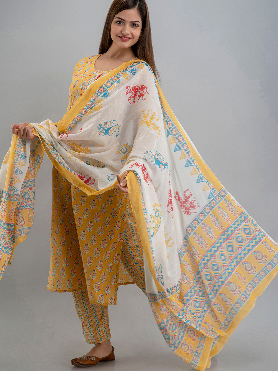 

OMASK Women Yellow Ethnic Motifs Embroidered Pure Cotton Kurta with Trousers & With Dupatta
