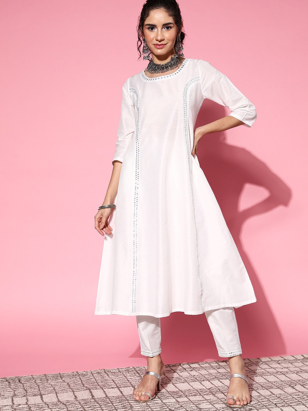 

Shae by SASSAFRAS Women White Embroidered Mirror Work Kurta with Trousers