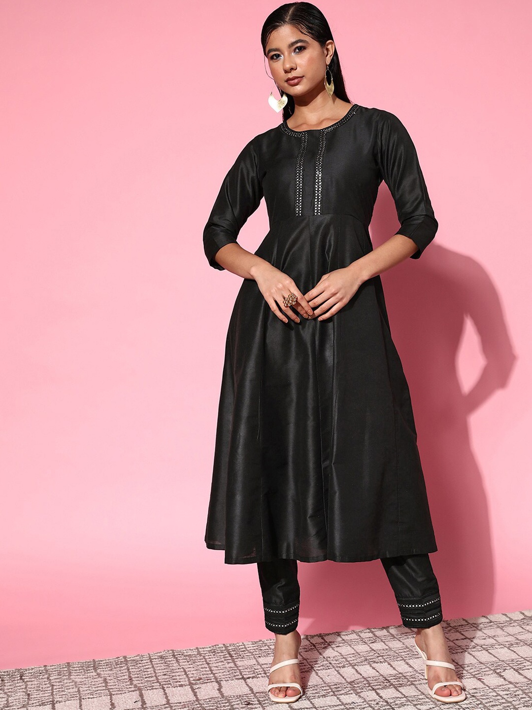 

Shae by SASSAFRAS Mirror Work Anarkali Kurta, Black