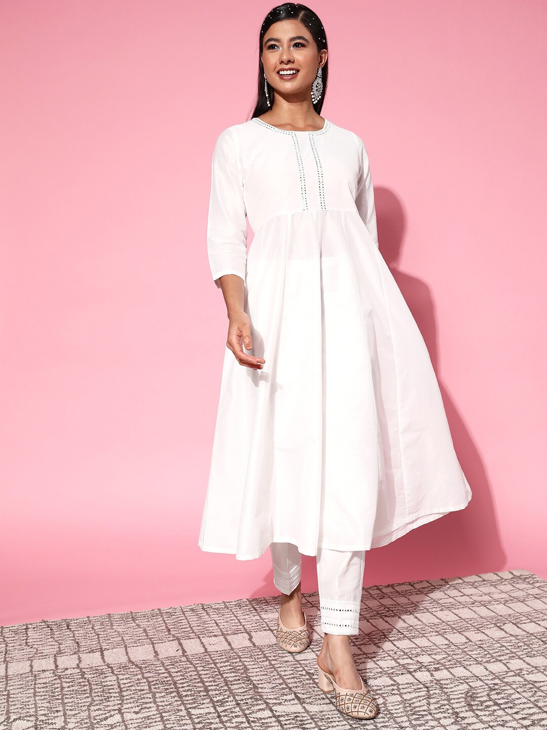 

Shae by SASSAFRAS Women White Embroidered Mirror Work Kurta with Trousers