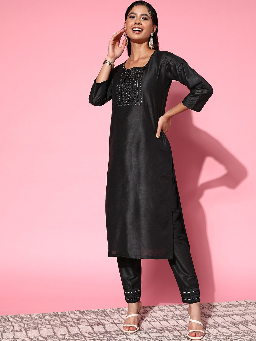 

Shae by SASSAFRAS Women Black Embroidered Mirror Work Kurta with Trousers