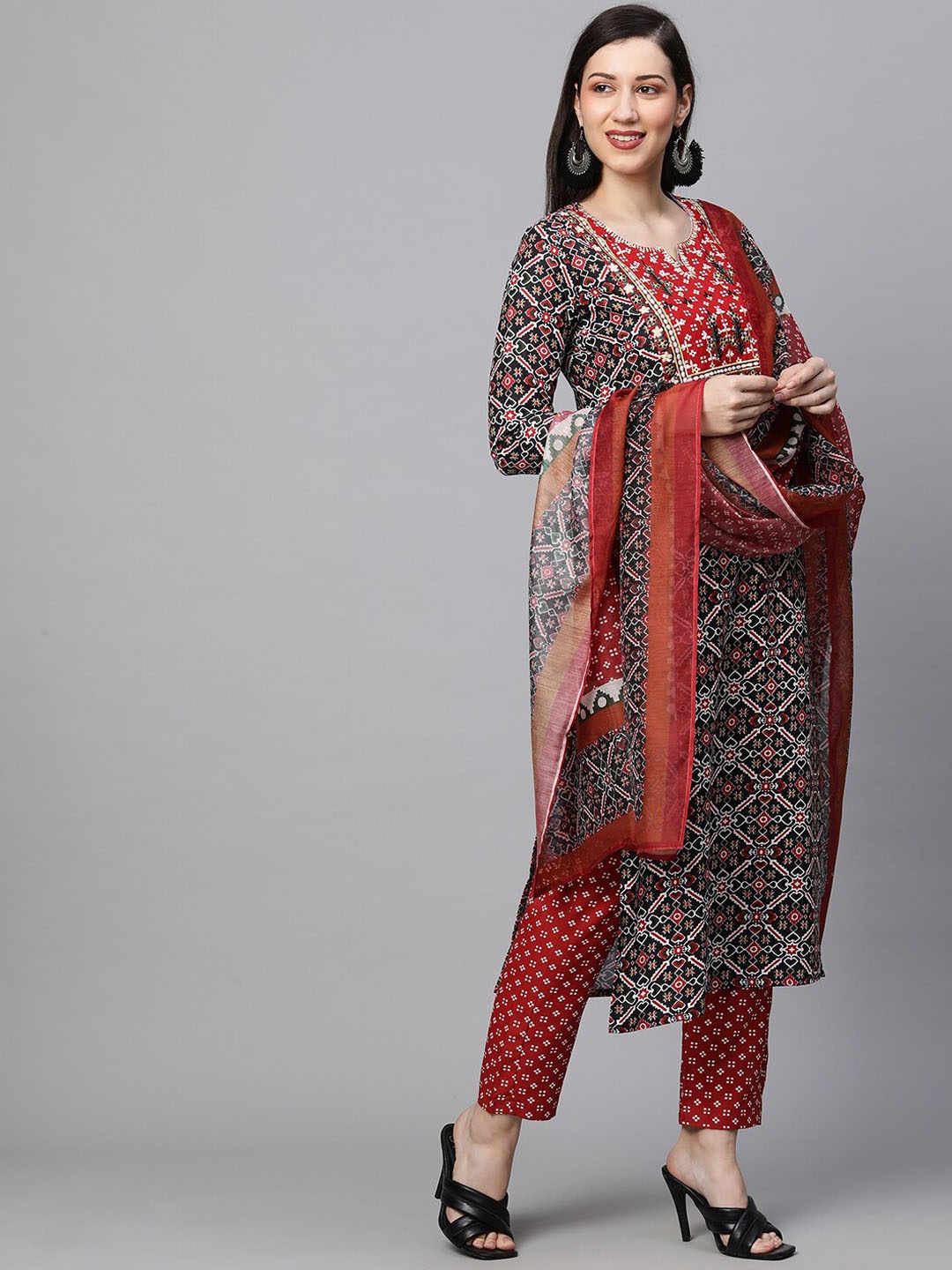 

KALINI Women Black & Red Embroidered Straight Kurta with Trousers & With Dupatta