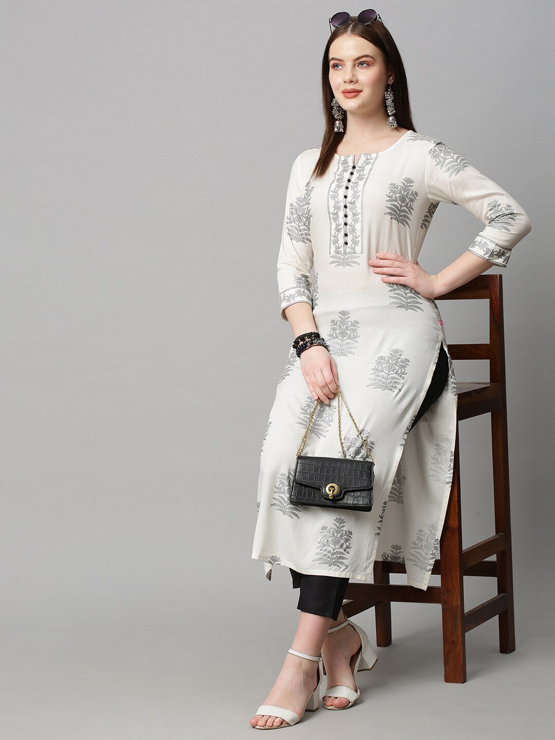 

KALINI Women White & Black Floral Printed Kurta with Trouser Set