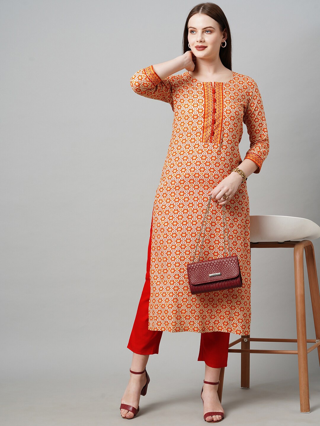 

KALINI Women Orange & Red Ethnic Motifs Printed Kurta with Trouser Set