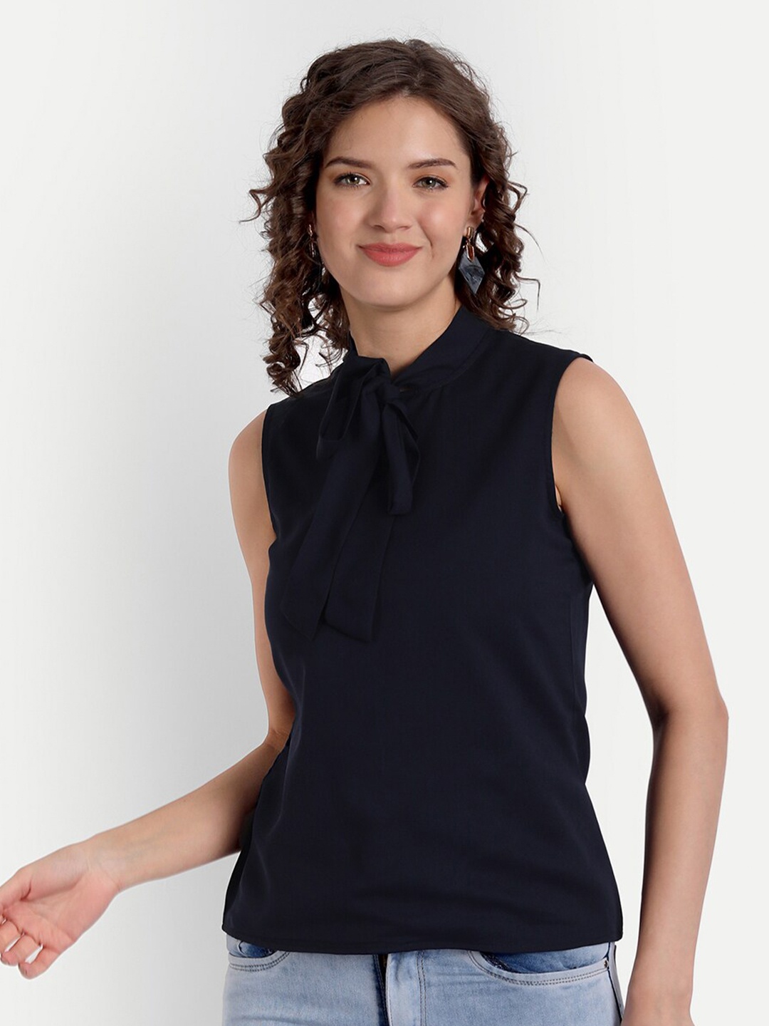 

PARASSIO CLOTHINGS Women Navy Blue Tie-Up Neck Georgette Top
