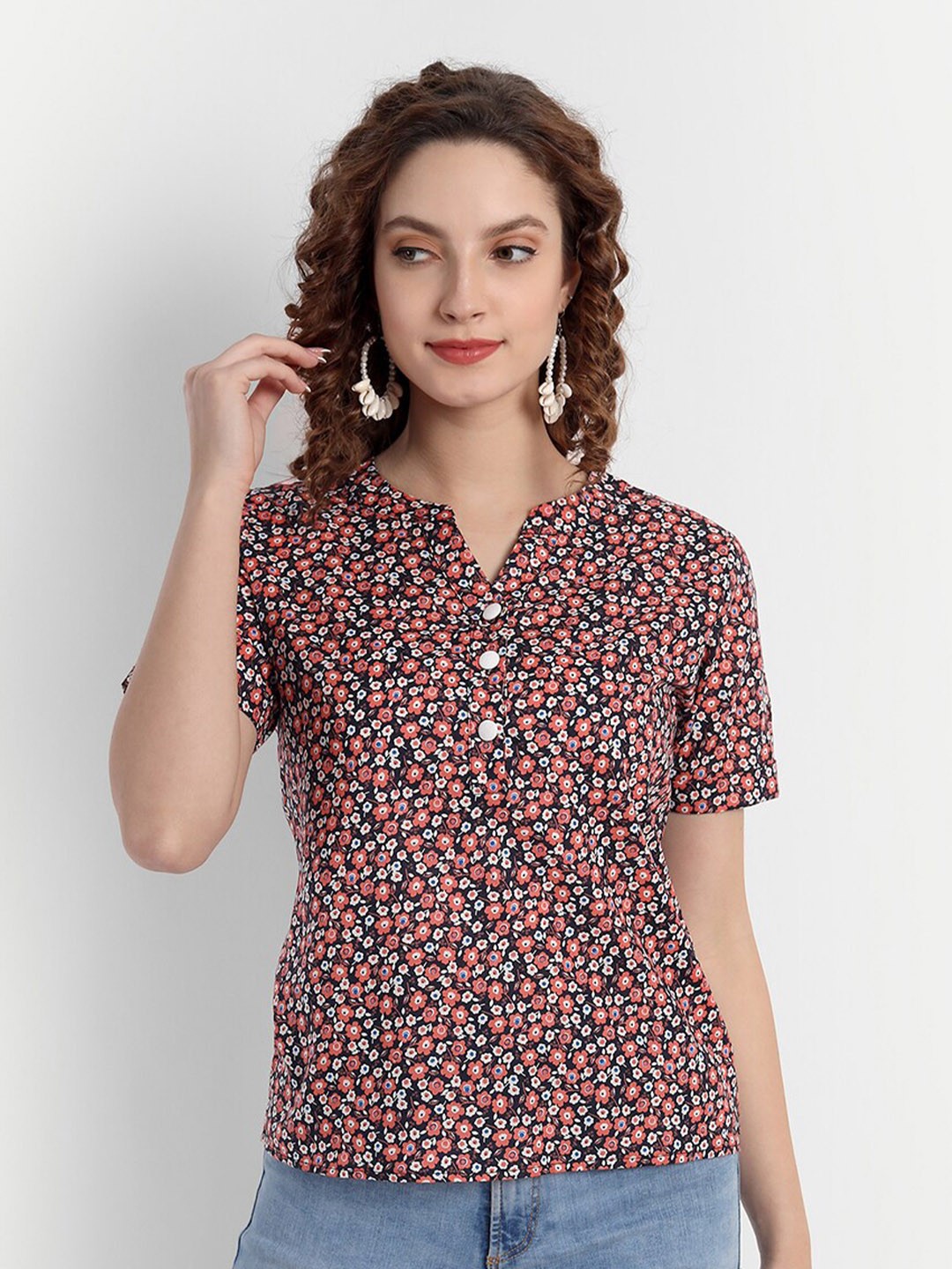 

PARASSIO CLOTHINGS Women Navy Blue Floral Print Top