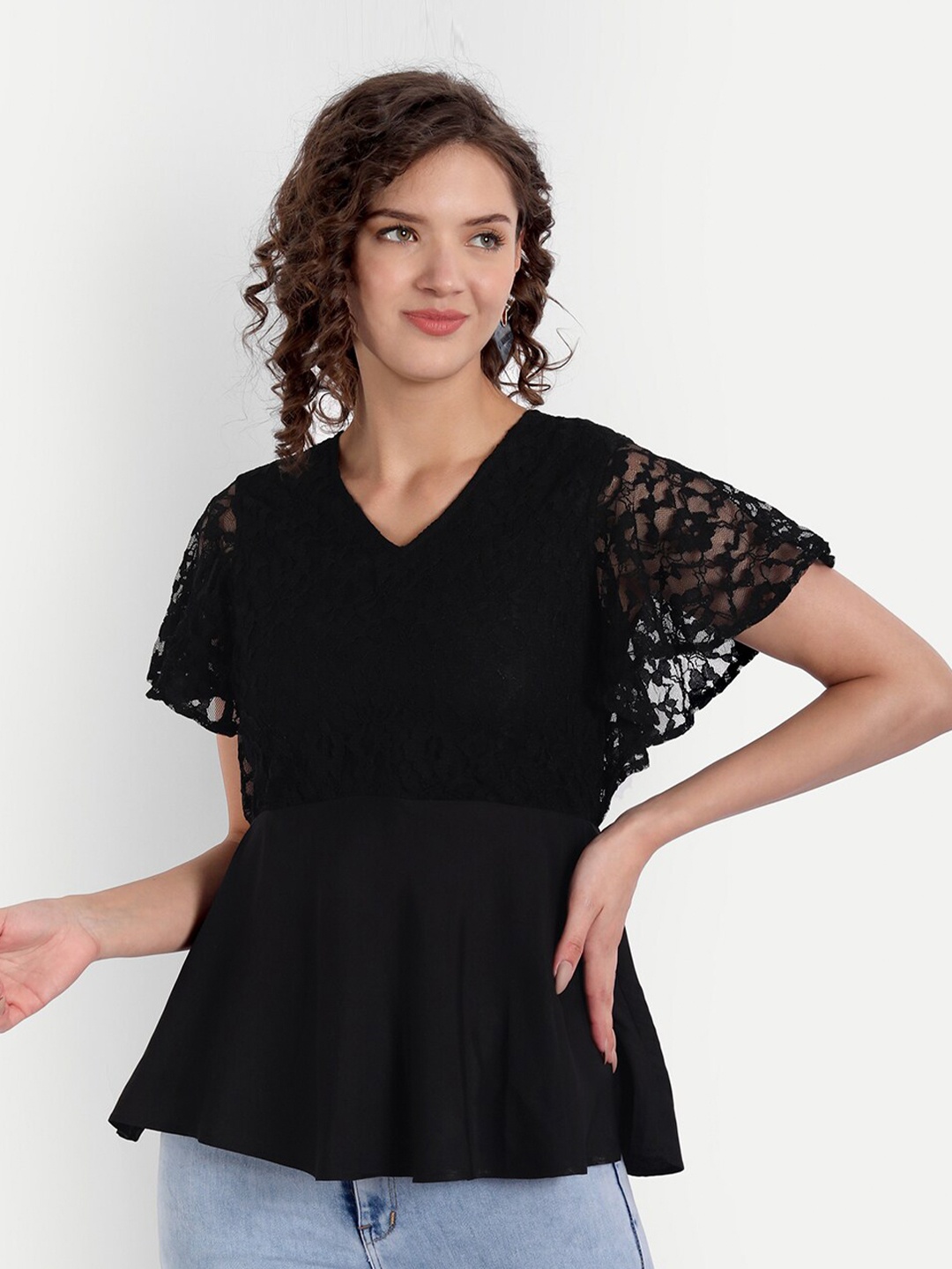 

PARASSIO CLOTHINGS Women Black Georgette Peplum Top