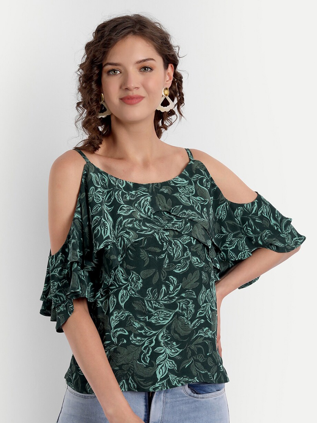 

PARASSIO CLOTHINGS Women Green Floral Print Georgette Top