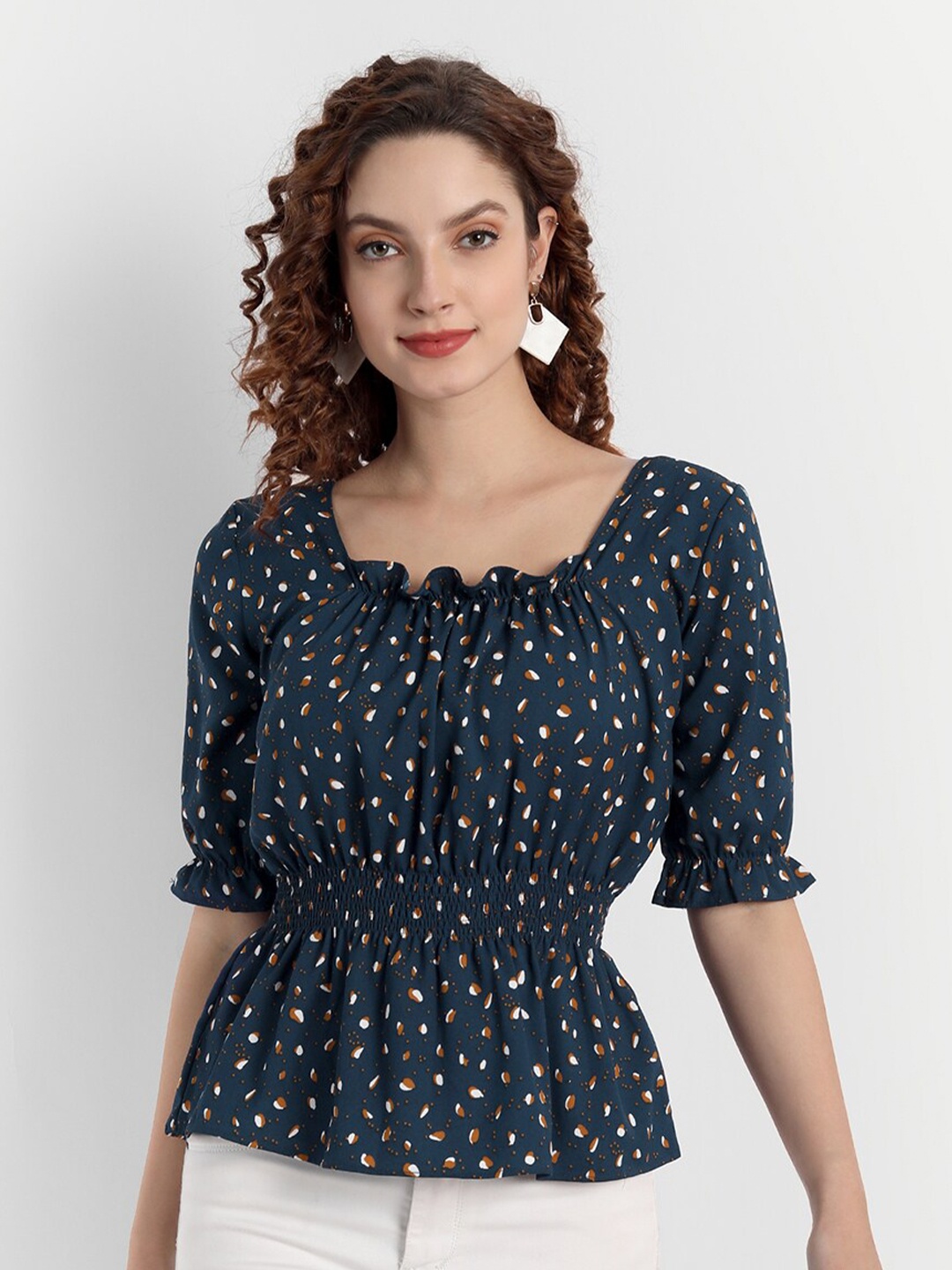 

PARASSIO CLOTHINGS Women Blue Printed Georgette Cinched Waist Top